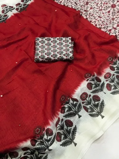 Floral Linen Printed Saree - Tomato Red